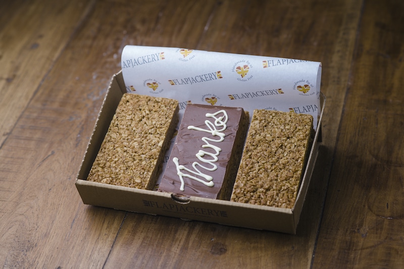 Flapjackery's gluten-free 'Thank You' flapjacks for teachers, featuring delicious flavours and thoughtful packaging